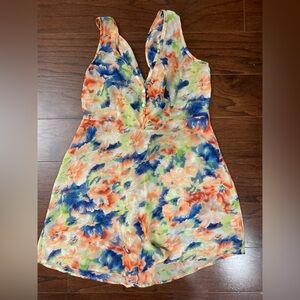 Y2K Floral Tie Dye Sleeveless Semi Sheer Mesh Babydoll Tank Top Tie Back Medium